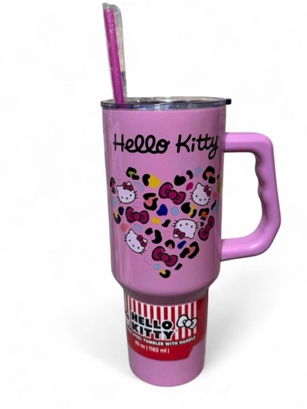 Hello Kitty Pink Leopard Heart Travel Tumbler with Handle